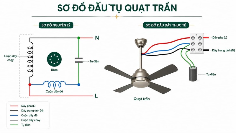 Sơ đồ đấu tụ quạt trần cơ bản